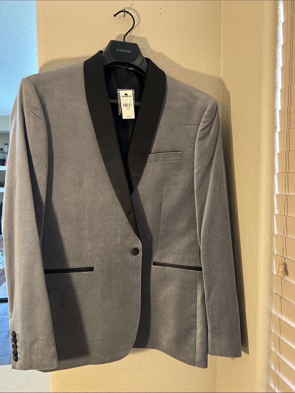 Express Gray Velvet Tuxedo Blazer with Black Satin Shawl Lapel